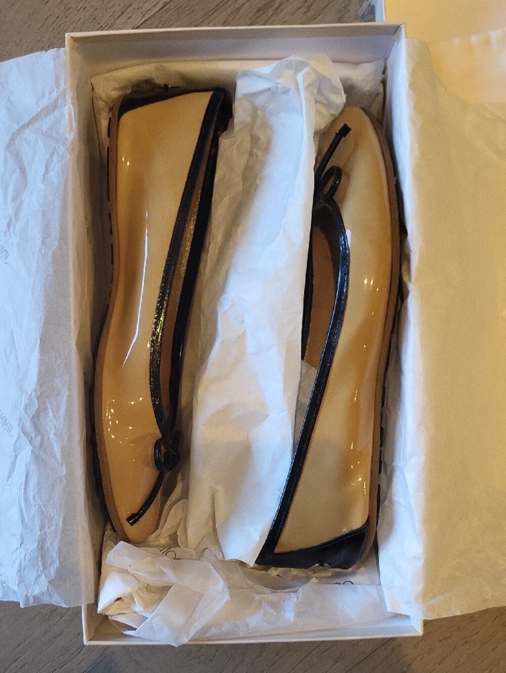 Jimmy Choo Nude Patent Leather Ballet Flats with Black Trim